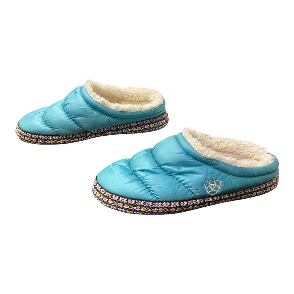 Ariat Womens Quilted Puffer Slippers Turquoise Blue Faux Fur Mules XS